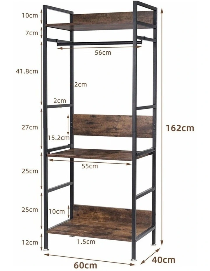 Brown Industrial Open Wardrobe Rack With Rustic Wood Shelves And Hanging Rod image 5
