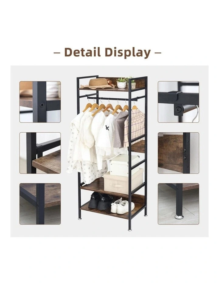 Brown Industrial Open Wardrobe Rack With Rustic Wood Shelves And Hanging Rod image 6