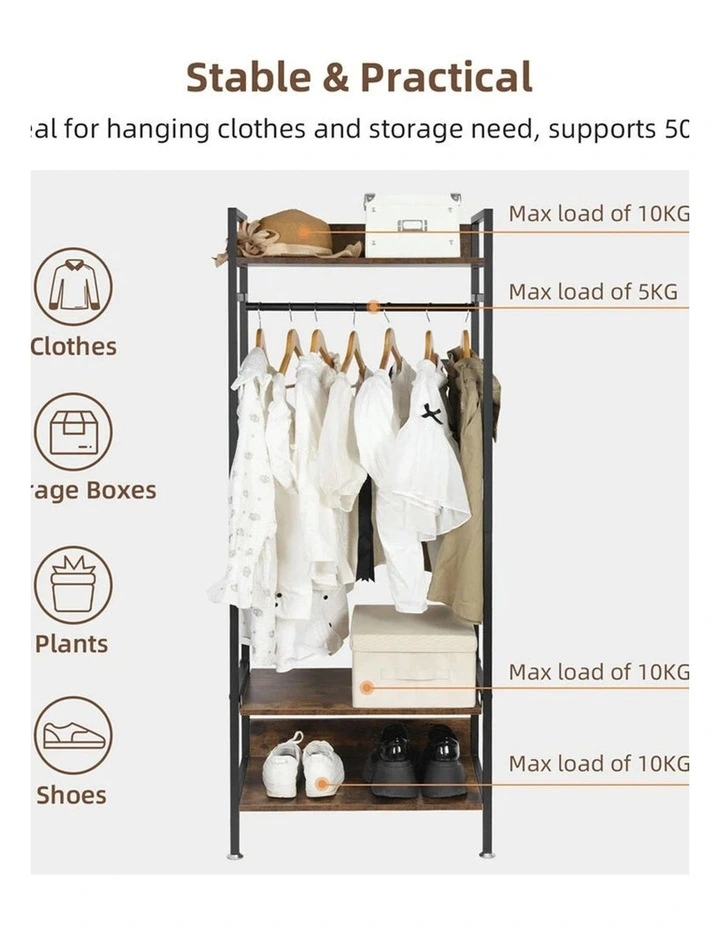 Brown Industrial Open Wardrobe Rack With Rustic Wood Shelves And Hanging Rod image 7