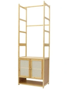 Natural Wood Bamboo Wardrobe Rack With Rattan Cabinet Doors And Shelves