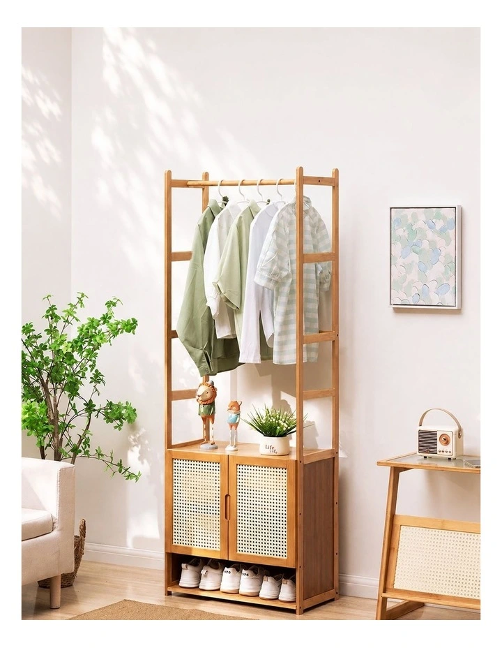 Natural Wood Bamboo Wardrobe Rack With Rattan Cabinet Doors And Shelves image 2