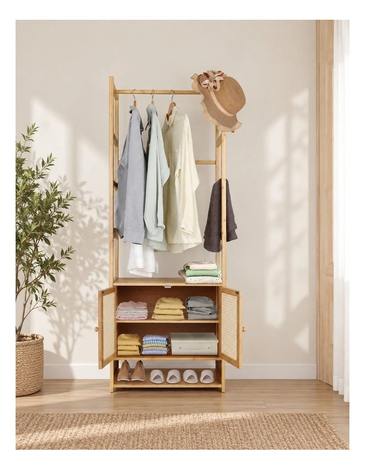 Natural Wood Bamboo Wardrobe Rack With Rattan Cabinet Doors And Shelves image 4