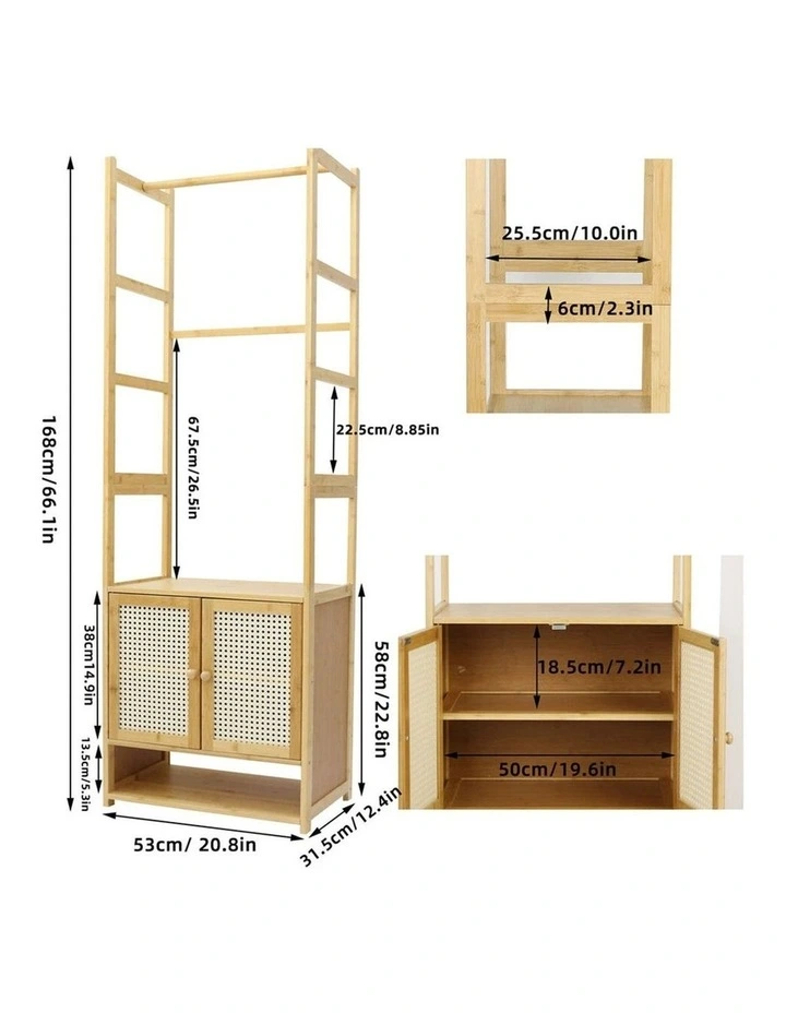 Natural Wood Bamboo Wardrobe Rack With Rattan Cabinet Doors And Shelves image 5