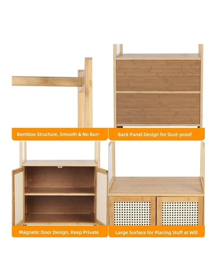 Natural Wood Bamboo Wardrobe Rack With Rattan Cabinet Doors And Shelves image 6
