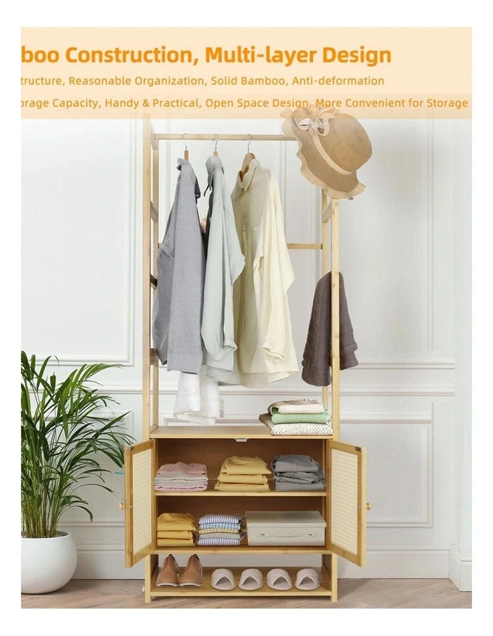 Natural Wood Bamboo Wardrobe Rack With Rattan Cabinet Doors And Shelves image 7