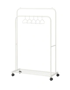 White Industrial Clothes Rack with Garment Hanging and Shoe Shelf Storage