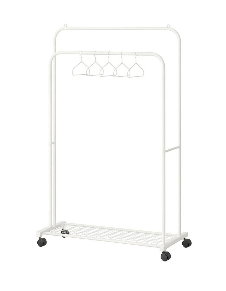White Industrial Clothes Rack with Garment Hanging and Shoe Shelf Storage image 1