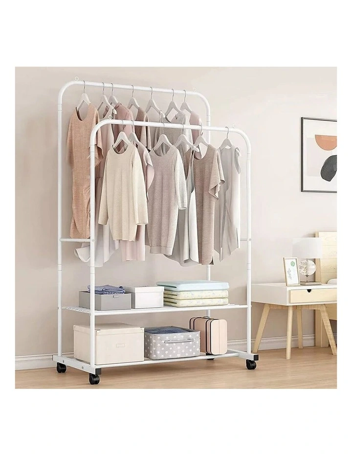 White Industrial Clothes Rack with Garment Hanging and Shoe Shelf Storage image 3