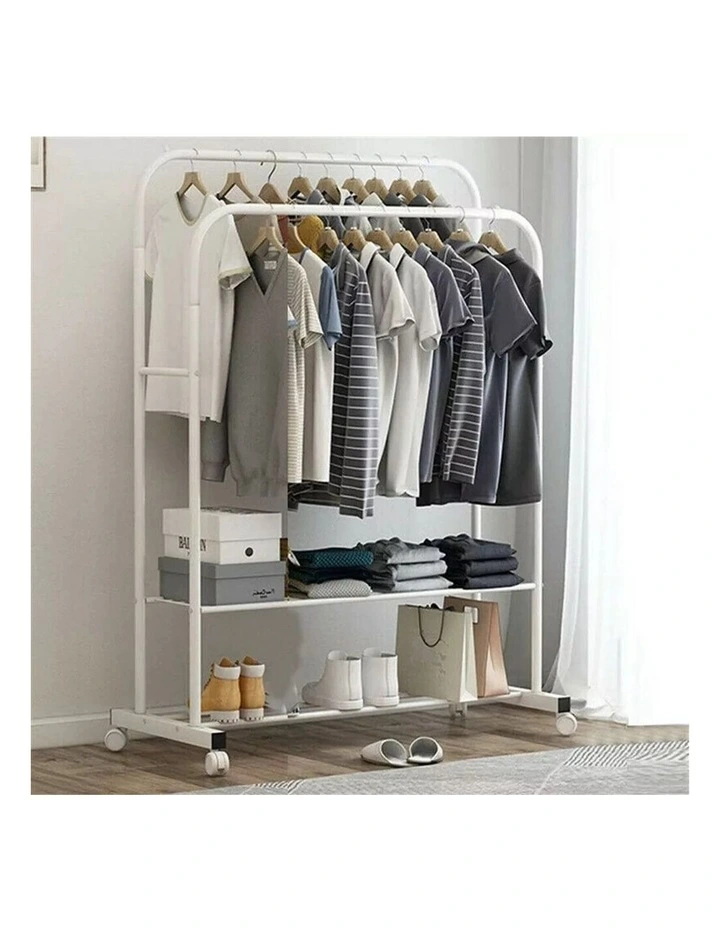 White Industrial Clothes Rack with Garment Hanging and Shoe Shelf Storage image 4