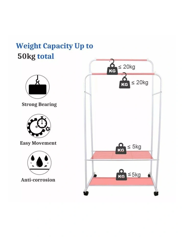 White Industrial Clothes Rack with Garment Hanging and Shoe Shelf Storage image 5