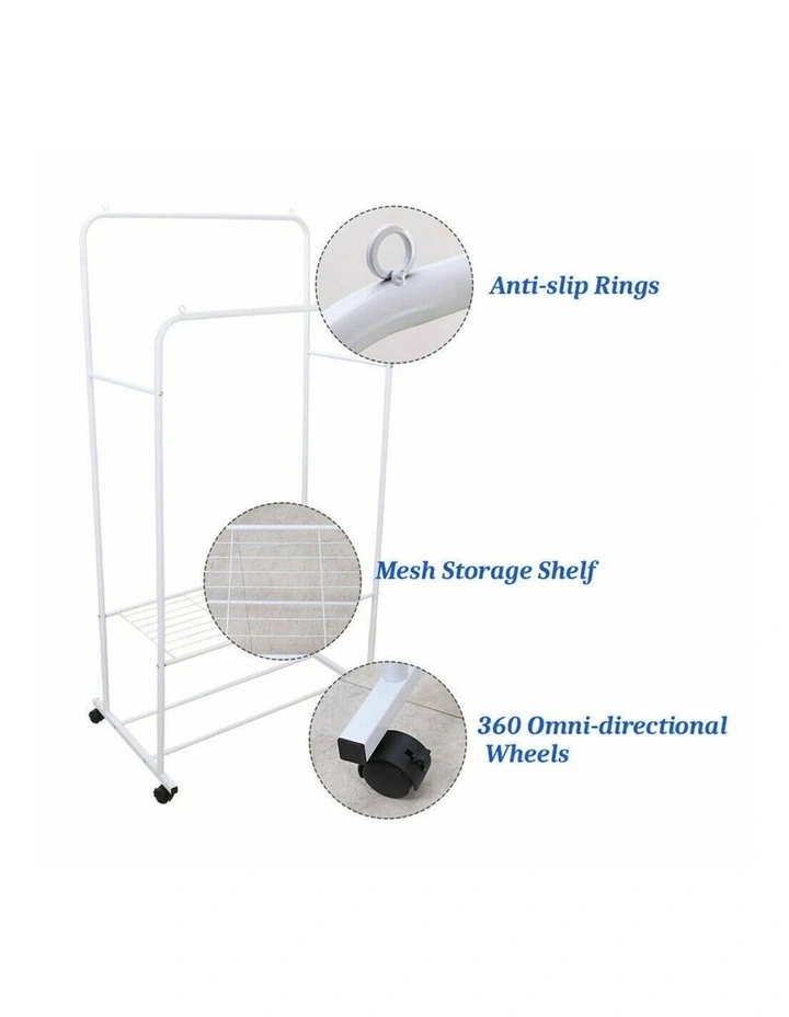 White Industrial Clothes Rack with Garment Hanging and Shoe Shelf Storage image 6