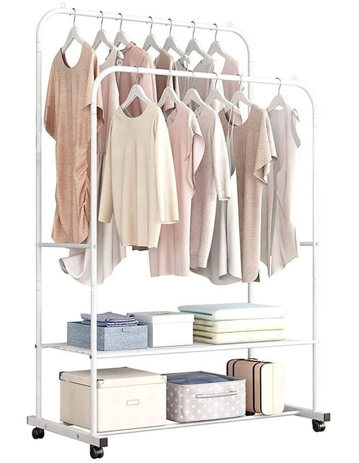 White Industrial Clothes Rack with Garment Hanging and Shoe Shelf Storage image 7