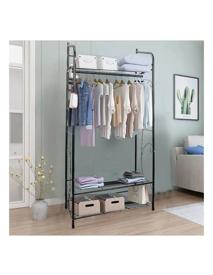Black Metal Clothes Rack Garment Rack with Top and Bottom Shelves image 2