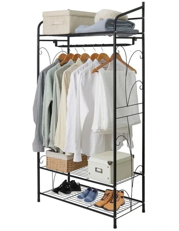 Black Metal Clothes Rack Garment Rack with Top and Bottom Shelves image 4