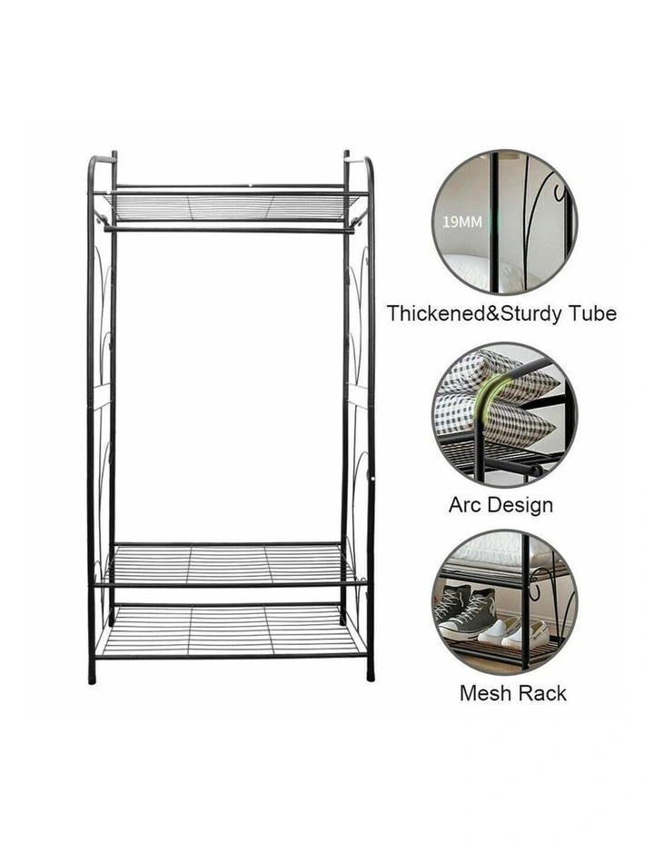 Black Metal Clothes Rack Garment Rack with Top and Bottom Shelves image 6