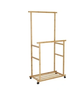 Wooden Double Rod Bamboo Clothes Rack With Bottom Shelf And Wheels