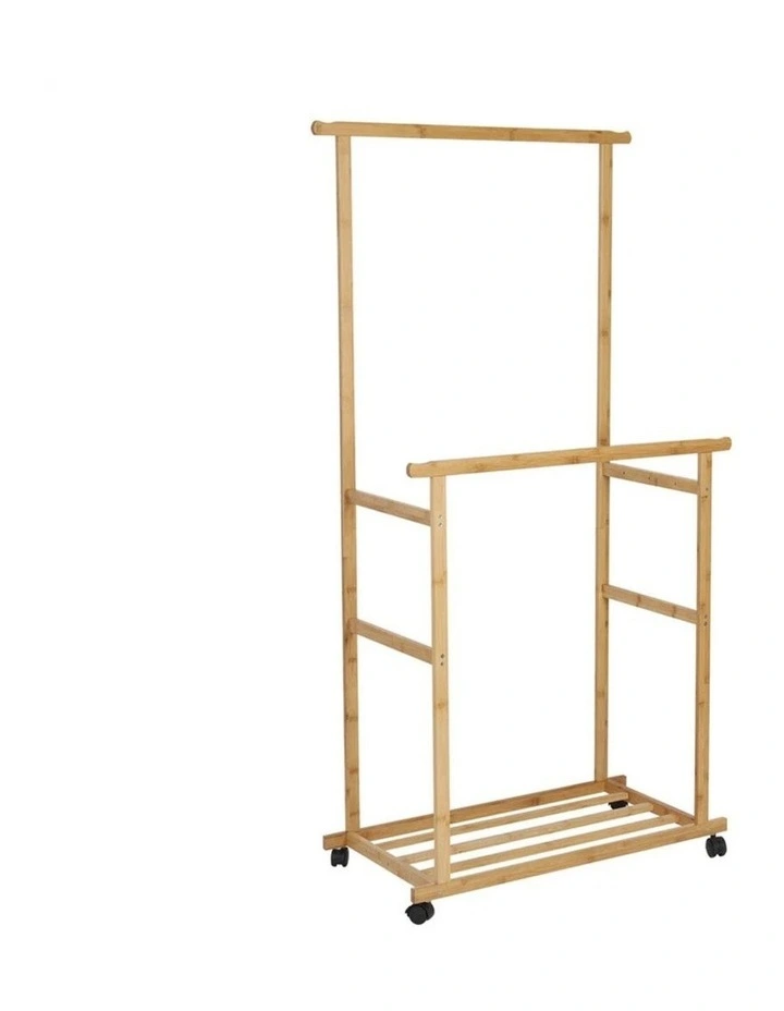 Wooden Double Rod Bamboo Clothes Rack With Bottom Shelf And Wheels image 1