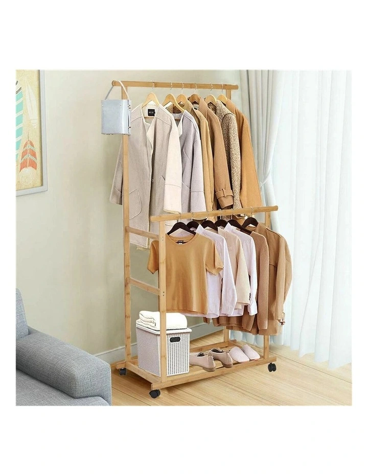 Wooden Double Rod Bamboo Clothes Rack With Bottom Shelf And Wheels image 2