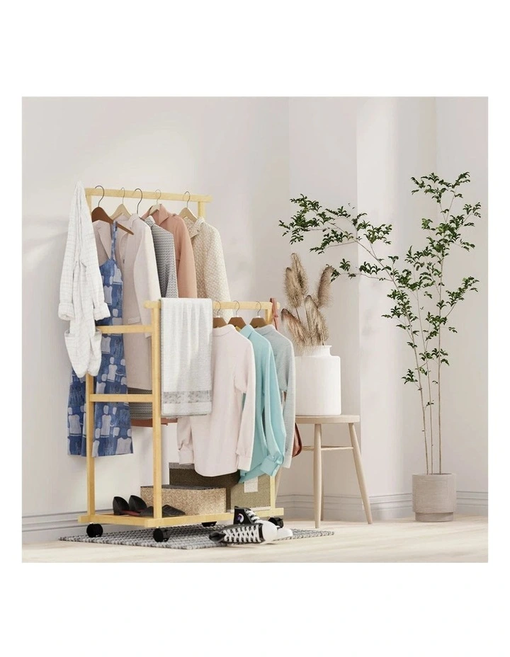 Wooden Double Rod Bamboo Clothes Rack With Bottom Shelf And Wheels image 4