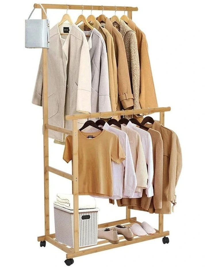 Wooden Double Rod Bamboo Clothes Rack With Bottom Shelf And Wheels image 5