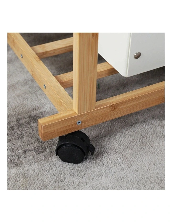 Wooden Double Rod Bamboo Clothes Rack With Bottom Shelf And Wheels image 6