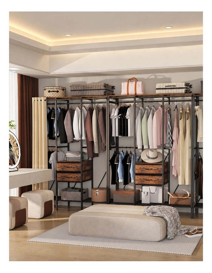 Black Rustic Brown Heavy Duty Clothes Wardrobe Rack With Dustproof Curtain image 2