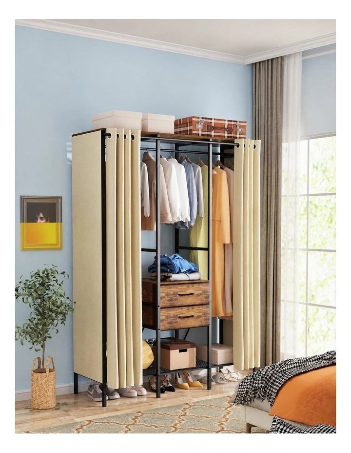 Black Rustic Brown Heavy Duty Clothes Wardrobe Rack With Dustproof Curtain image 4