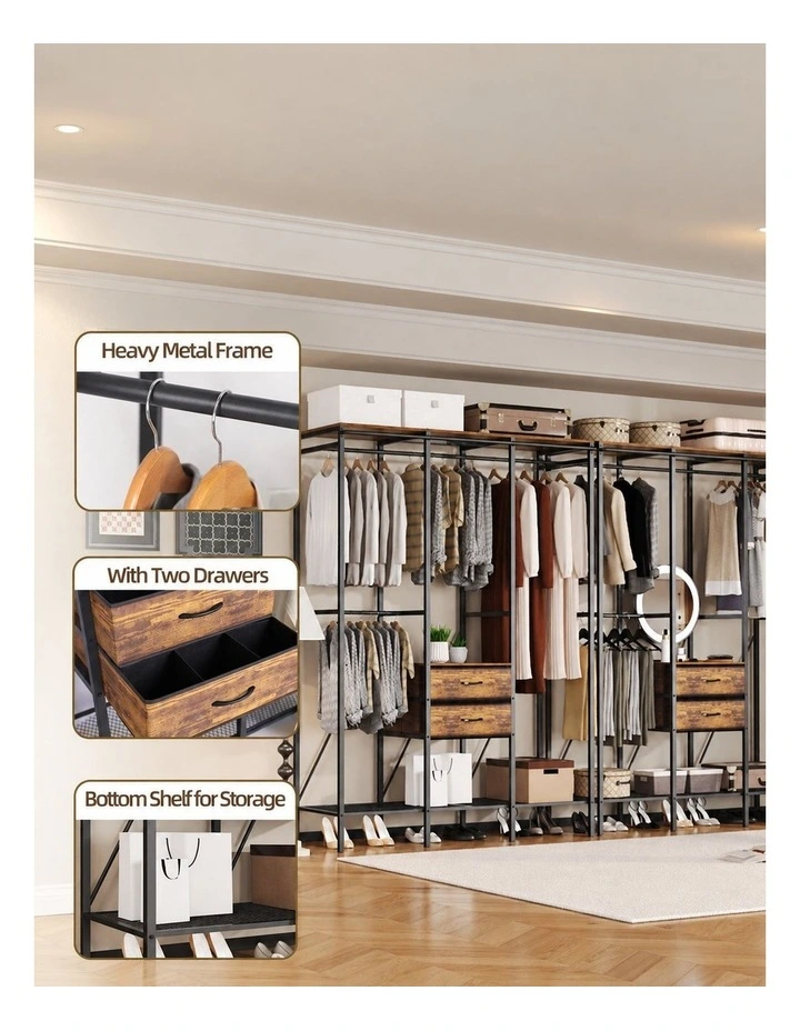 Black Rustic Brown Heavy Duty Clothes Wardrobe Rack With Dustproof Curtain image 5