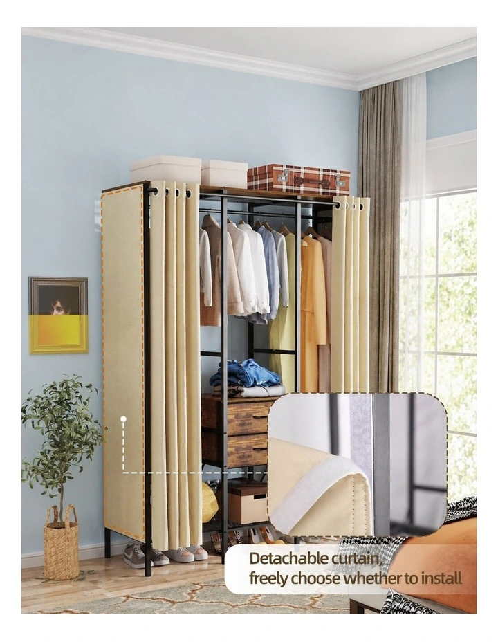 Black Rustic Brown Heavy Duty Clothes Wardrobe Rack With Dustproof Curtain image 6