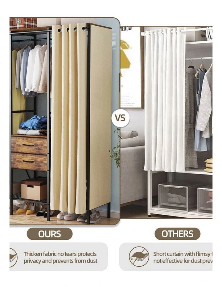 Black Rustic Brown Heavy Duty Clothes Wardrobe Rack With Dustproof Curtain image 7