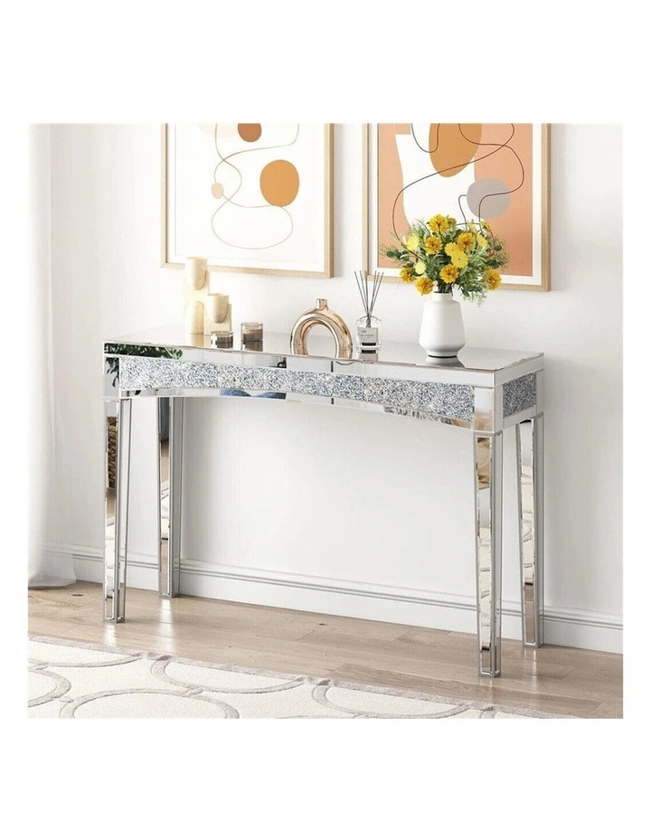 Silver Glam Mirrored Console Table With Sparkling Crystal Inlay image 2