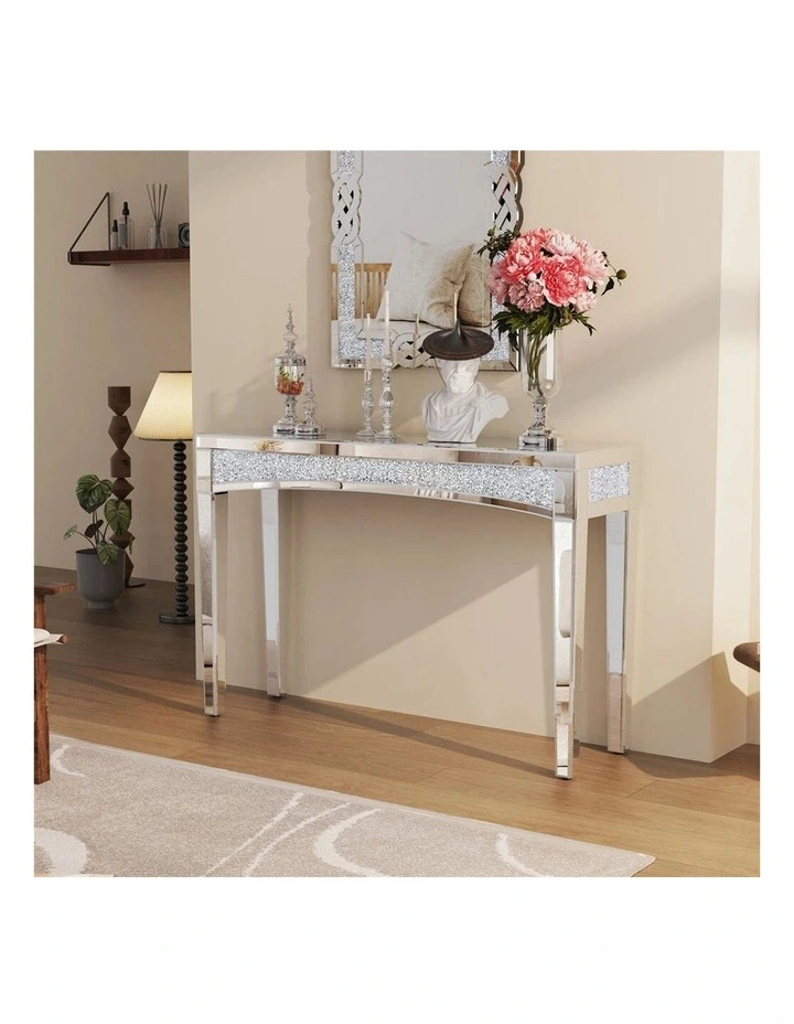 Silver Glam Mirrored Console Table With Sparkling Crystal Inlay image 4