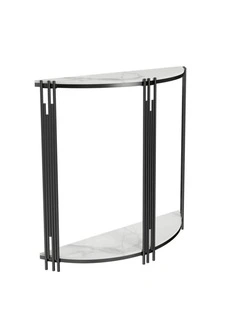 White Half-Moon Console Table With Sintered Marble Top & Metal Rod Base