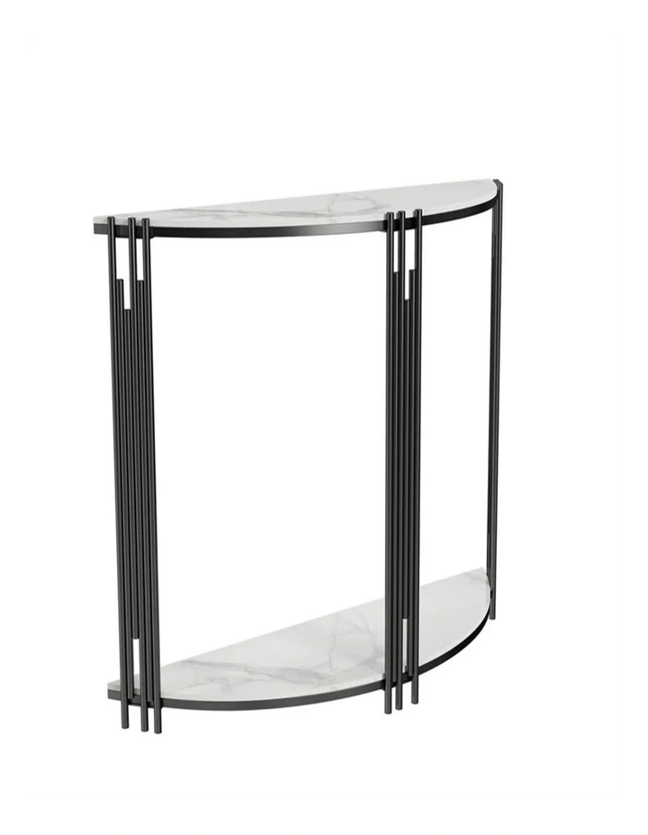 White Half-Moon Console Table With Sintered Marble Top & Metal Rod Base image 1