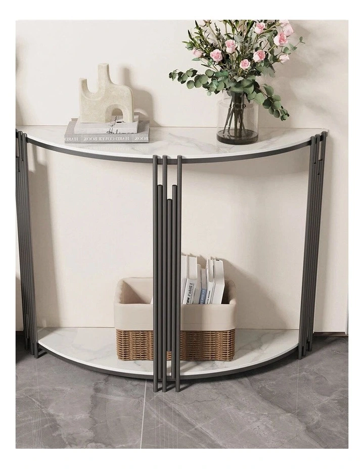 White Half-Moon Console Table With Sintered Marble Top & Metal Rod Base image 2