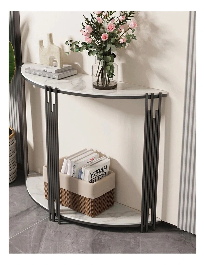 White Half-Moon Console Table With Sintered Marble Top & Metal Rod Base image 3