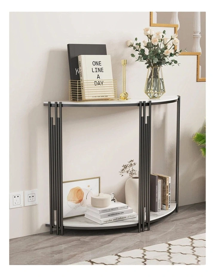 White Half-Moon Console Table With Sintered Marble Top & Metal Rod Base image 4