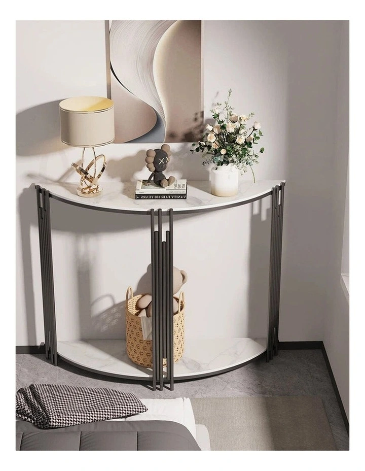 White Half-Moon Console Table With Sintered Marble Top & Metal Rod Base image 5