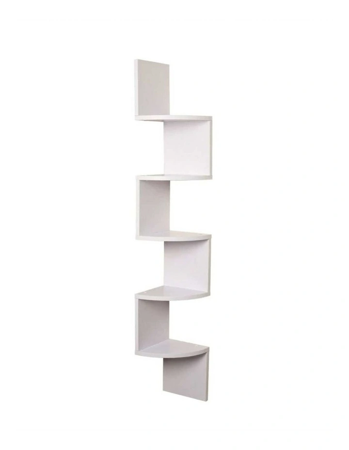White Corner Wall Shelf Zig Zag Floating Storage Rack Five Tier Space Saving Unit image 1
