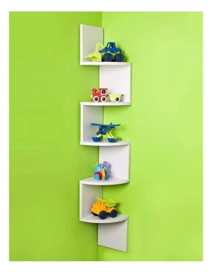 White Corner Wall Shelf Zig Zag Floating Storage Rack Five Tier Space Saving Unit image 2