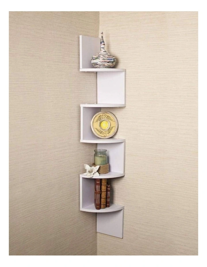 White Corner Wall Shelf Zig Zag Floating Storage Rack Five Tier Space Saving Unit image 3