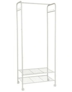White Metal Rolling Clothes Rack With Dual Wire Shelves