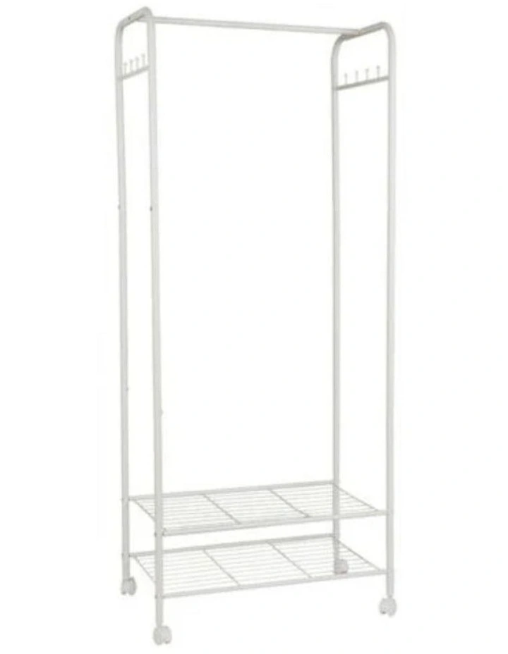 White Metal Rolling Clothes Rack With Dual Wire Shelves image 1