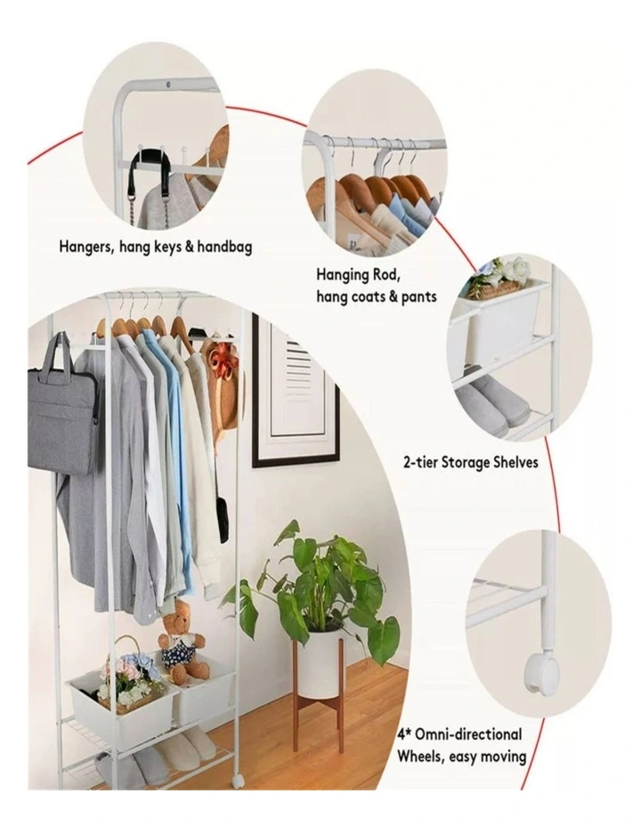 White Metal Rolling Clothes Rack With Dual Wire Shelves image 2