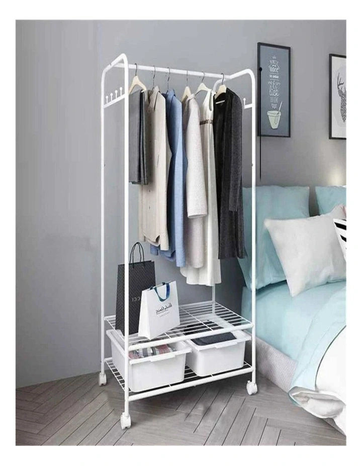 White Metal Rolling Clothes Rack With Dual Wire Shelves image 3