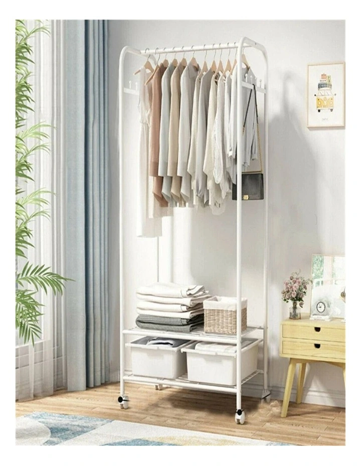 White Metal Rolling Clothes Rack With Dual Wire Shelves image 4