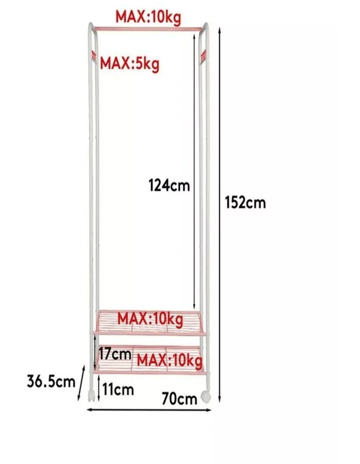 White Metal Rolling Clothes Rack With Dual Wire Shelves image 5