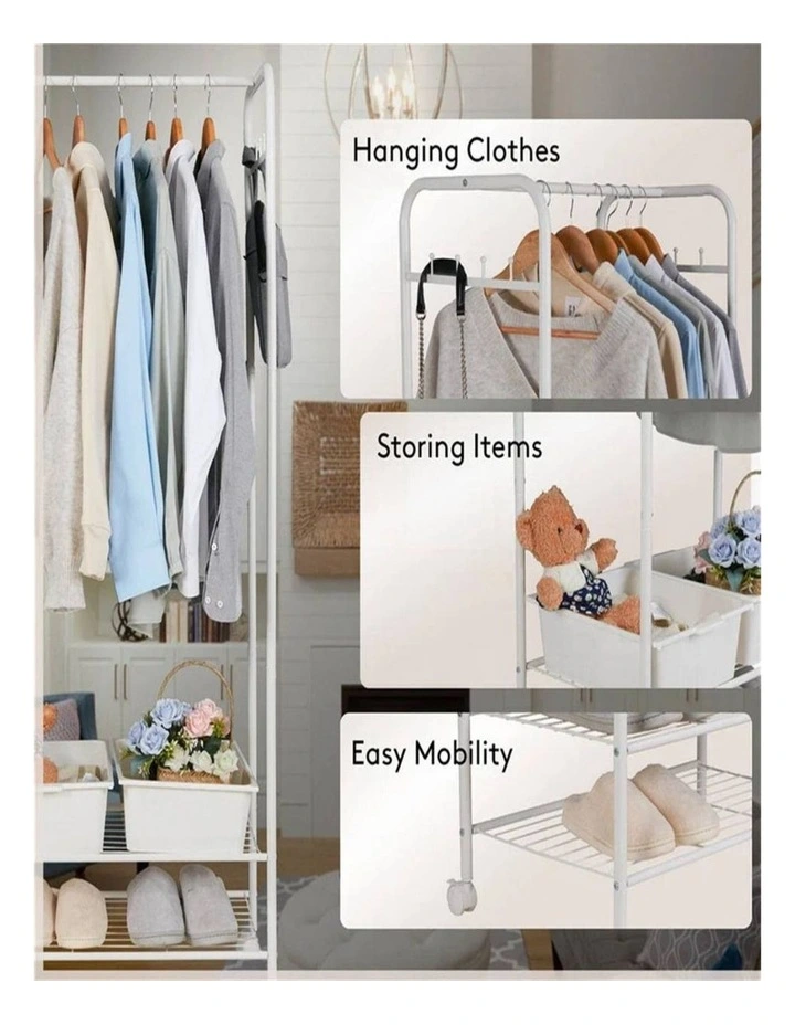 White Metal Rolling Clothes Rack With Dual Wire Shelves image 6
