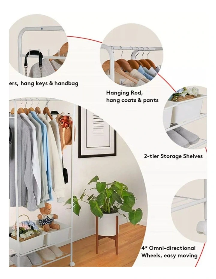 White Metal Rolling Clothes Rack With Dual Wire Shelves image 7