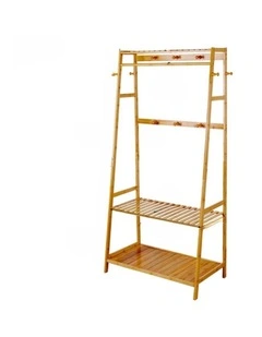 Brown Bamboo Wooden Coat Rack With Multi Hooks, Hanging Rod & Shelves